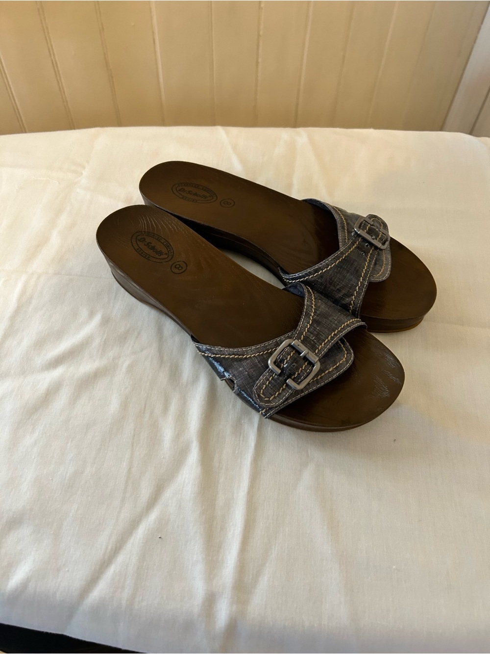 Dr. Scholl’s Advanced Comfort Faux Wood Black Denim-Look Slide Sandals Size 8